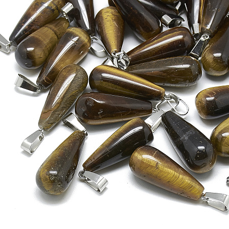 Honeyhandy Natural Tiger Eye Pendants, with Stainless Steel Snap On Bails, teardrop, 28~30x10~12mm, Hole: 6x4mm