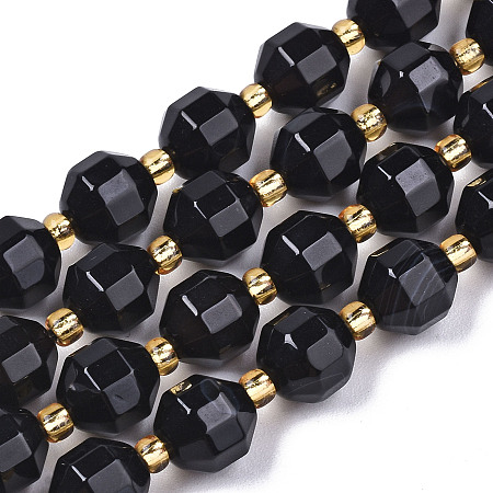 Honeyhandy Natural Agate Beads Strands, Faceted, with Seed Beads, Dyed, Round, Black, 8x7.5mm, Hole: 1.2mm, Beads: 3.5x2mm, about 34pcs/strand, 15.35 inch(39cm)