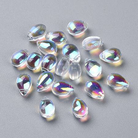Honeyhandy Transparent Glass Beads, Top Drilled Beads, Teardrop, Clear AB, 9x6x5mm, Hole: 1mm