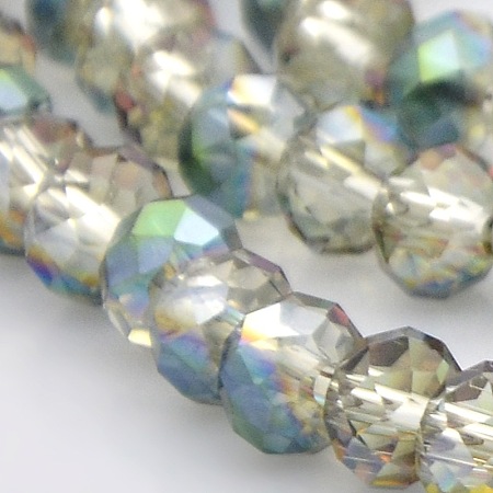 Honeyhandy Half Rainbow Plated Faceted Rondelle Electroplate Glass Beads Strands, Clear, 6x4mm, Hole: 1mm, about 100pcs/strand, 18.1 inch