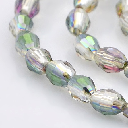 Honeyhandy Half Rainbow Plated Glass Faceted Rice Beads Strands, Clear, 6x4mm, Hole: 1mm, about 72pcs/strand, 16 inch