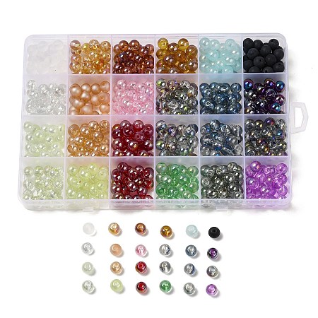 528Pcs 24 Colors Glass Beads, Round, Mixed Style, Mixed Color, 8x7.5mm, Hole: 1.4~1.5mm, 22Pcs/color