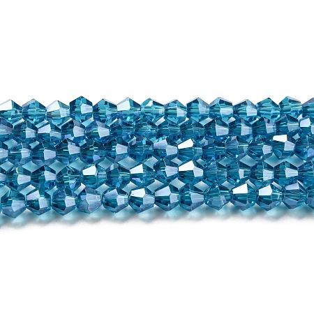 Transparent Electroplate Glass Beads Strands, Pearl Luster Plated, Faceted, Bicone, Steel Blue, 3x2.5mm, Hole: 0.7mm, about 162~185pcs/strand, 12.76~14.61 inch(32.4~37.1cm)