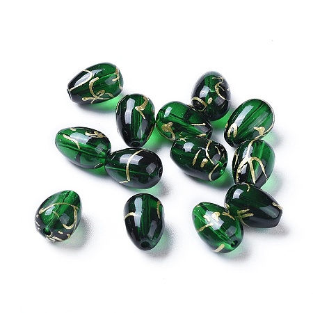 Drawbench Transparent Glass Beads, teardrop, Green, 9x6.5mm, Hole: 1.2mm
