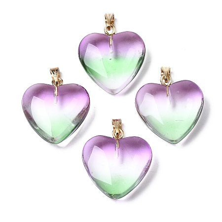ARRICRAFT Two Tone Spray Painted Glass Pendants, with Golden Plated Iron Bails, Heart, Medium Sea Green, 22x20.5x7mm, Hole: 6x2mm