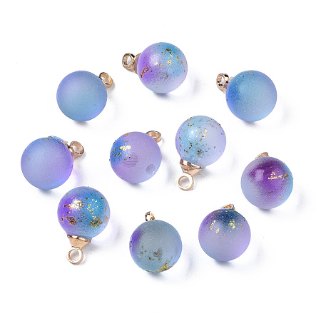 ARRICRAFT Two Tone Transparent Spray Painted Glass Pendants, with Light Gold Plated Brass Loop, Frosted, with Glitter Powder, Round, Dodger Blue, 12x8mm, Hole: 2mm