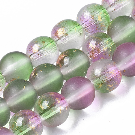 Honeyhandy Frosted Spray Painted Glass Beads Strands, with Golden Foil, Round, Medium Sea Green, 8~9mm, Hole: 1.2~1.5mm, about 46~56pcs/Strand, 14.37 inch~16.3 inch(36.5~41.4cm)