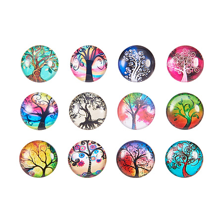 PandaHall Elite 1 Box About 12pcs Flat Round with Tree Pattern Glass Cabochons Snap Buttons for Jewelry Making with Knob Size 5-5.5mm