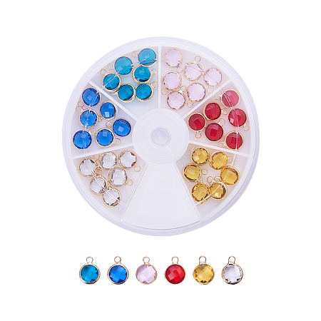 Pandahall Elite 1 Box 36 PCS Faceted Flat Round Transparent Glass Charms with Golden Tone Brass Findings for Jewelry Making