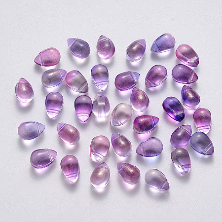 NBEADS Transparent Spray Painted Glass Charms, with Glitter Powder, Teardrop, MediumOrchid, 9x6x6mm, Hole: 1mm