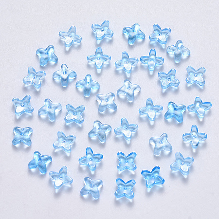 Arricraft Transparent Spray Painted Glass Beads, with Glitter Powder, Clover, Light Sky Blue, 8x8x3mm, Hole: 0.9mm