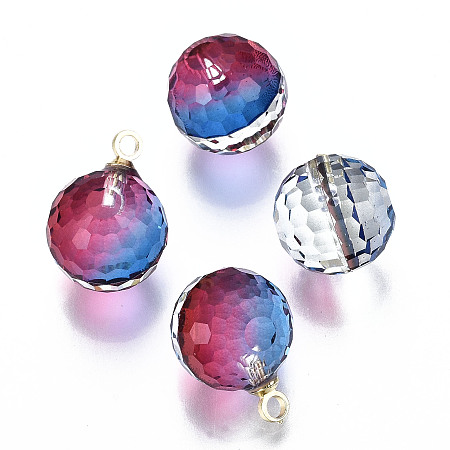 ARRICRAFT K9 Glass Pendants, Golf Ball Beads, with Golden Tone Brass Peg Bail, Faceted, Round, Cerise, 1/2x1/4 inch(12x8mm), Hole: 1.5mm