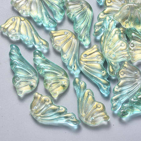 Nbeads Transparent Spray Painted Glass Pendants, with Glitter Powder, Butterfly Wings, Turquoise, 24x12.5x4mm, Hole: 1.4mm