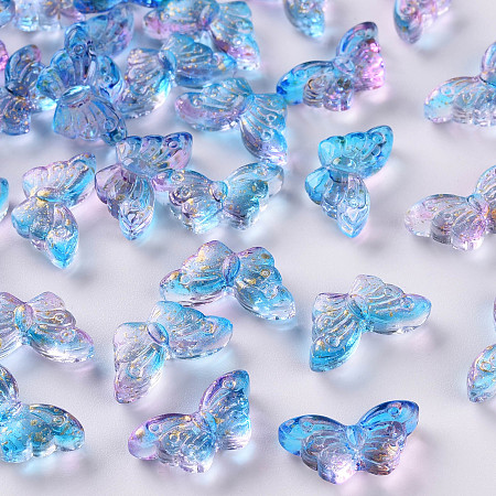 Honeyhandy Two Tone Transparent Spray Painted Glass Beads, with Glitter Powder, Butterfly, Dodger Blue, 8x15x4.5mm, Hole: 1mm