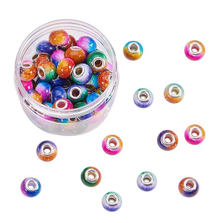 NBEADS 1 Box 60 Pcs 14mm Mixed Color Glass European Beads, Large Hole Rondelle Beads with Silver Tone Brass Cores fit Bracelet Necklace Jewelry Making