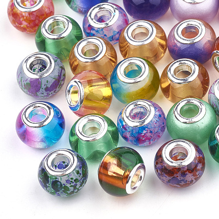 Glass European Beads, Large Hole Beads, with Silver Color Plated Brass Cores, Rondelle, Mixed Color, 13~15x9~12mm, Hole: 5mm; about 50pcs/bag