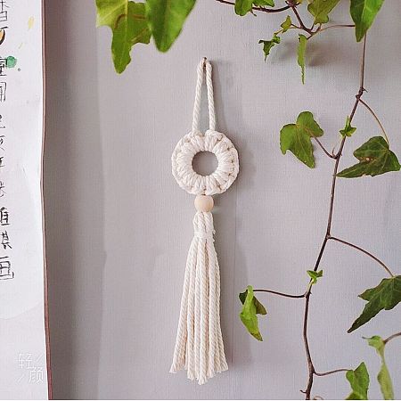 Honeyhandy Cotton Cord Macrame Woven Wall Hanging, with Plastic Non-Trace Wall Hooks, for Nursery and Home Decoration, Floral White, 310x60x18mm