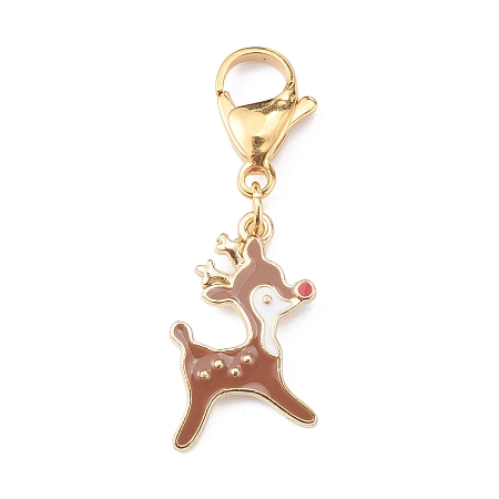 Honeyhandy Christmas Theme Alloy Enamel Pendants, with 304 Stainless Steel Lobster Claw Clasps, Christmas Reindeer/Stag/Deer, Coffee, 25mm, Pendant: 20.5x16.5x2mm