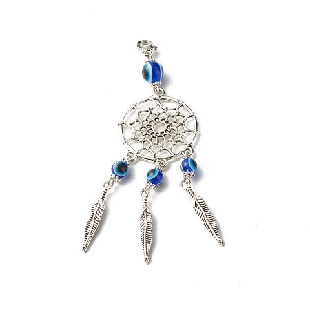 Honeyhandy Tibetan Style Alloy Flat Round Net/Web & Feather Pendants, with Round Evil Eye Resin Beads, Royal Blue, 9.8cm