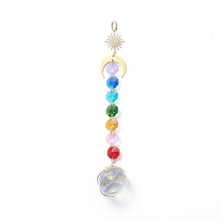 Honeyhandy Electroplate Octagon Glass Beaded Pendant Decorations, Suncatchers, Rainbow Maker, with 304 Stainless Steel Split Rings, Clear Faceted Glass Pendants, Round Pattern, 202mm