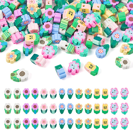 PandaHall Elite 210Pcs 7 Style Handmade Polymer Clay Beads, for DIY Jewelry Crafts Supplies, Flower, Mixed Color, 7~13x0.5~5mm, 30pcs/style