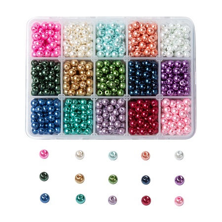 Arricraft 15 Colors Glass Pearl Beads, Pearlized, Round, Mixed Color, 6~7mm, Hole: 1mm; 15 Colors, about 70pcs/color, 1050pcs/box