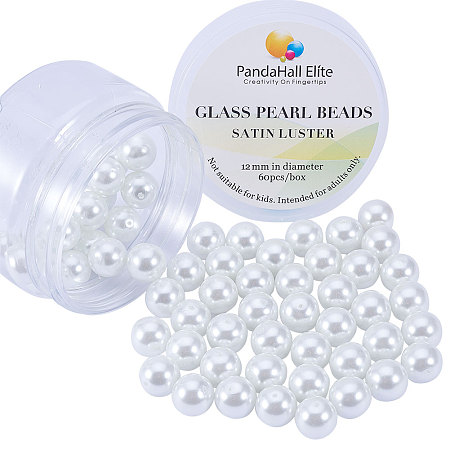 PandaHall Elite 12mm About 60 Pcs Tiny Satin Luster Dyed Glass Pearl Round Loose Beads Assorted Lot for Jewelry Making White