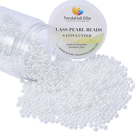 PandaHall Elite 3~3.5mm About 2000 Pcs Tiny Satin Luster Dyed Glass Pearl Round Loose Beads Assorted Lot for Jewelry Making White