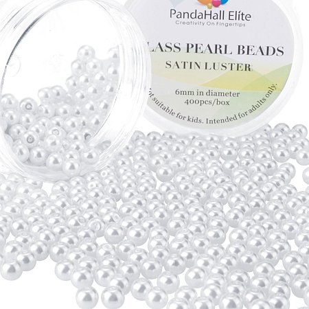 PandaHall Elite 6mm White Glass Pearls Tiny Satin Luster Round Loose Pearl Beads for Jewelry Making, about 400pcs/box