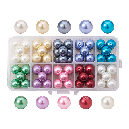 PandaHall Elite 10 Color 12mm Environmental Dyed Round Glass Pearl Beads Assortment Lot for Jewelry Making, about 100pcs/box
