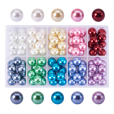 PandaHall Elite 10 Color 14mm Environmental Dyed Round Glass Pearl Beads Assortment Lot for Jewelry Making, about 100pcs/box