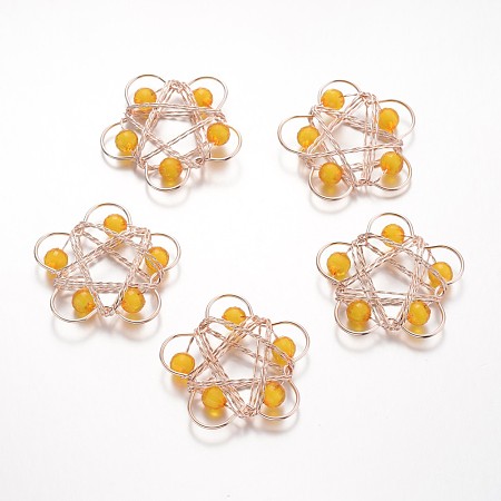Nbeads  Light Gold Plated Iron Filigree Pendants Pendants, Flower, with Acrylic Beads, Orange, 45x48x8mm, Hole: 5mm