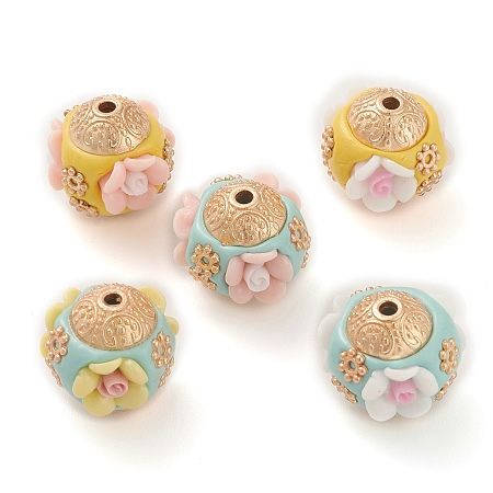Handmade Indonesia Beads, with Alloy Findings and Resin, Rondelle with Flower, Mixed Color, 16x16.5x16mm, Hole: 1.8mm