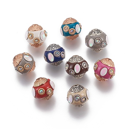 Handmade Indonesia Beads, with Rhinestone and Metal Findings, Round, Mixed Color, 14.5~15x14~14.5mm, Hole: 1.5mm