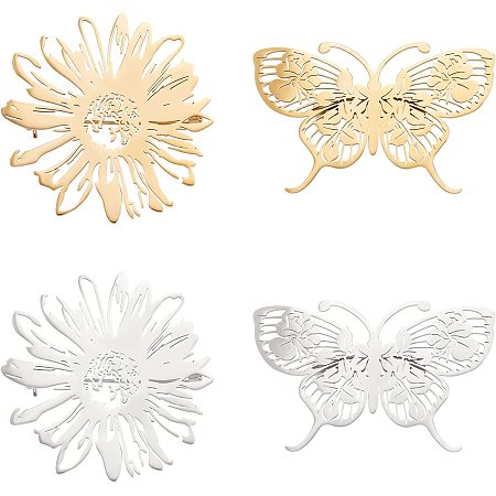 DICOSMETIC 4Pcs 2 Styles 2 Colors Filagree Butterfly Brooch Hollow Flower Brooch Golden Butterfly Cutout Brooch Ladies Bouquet Brooches Lapel Pin Stainless Steel Brooches Gifts for Women Decoration