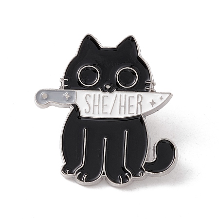 Honeyhandy Cat with Knife Enamel Pin, Word She/Her Alloy Badge for Backpack Clothes, Platinum, Black, 30x29x1.5mm
