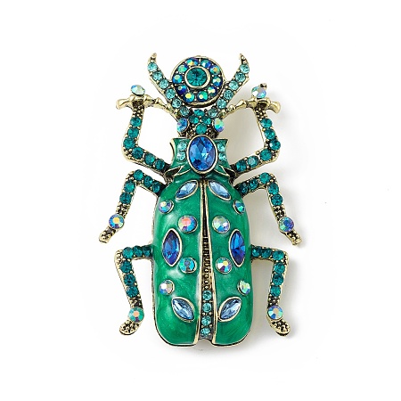 Honeyhandy Beetles Enamel Pin with Rhinestone, Antique Golden Alloy Badge for Backpack Clothes, Sea Green, 71.5x48x17mm, Pin: 0.8mm