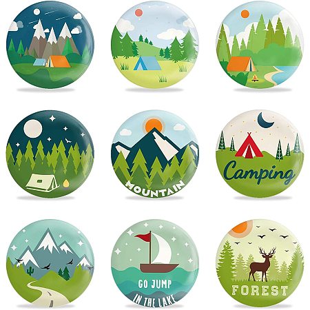 GLOBLELAND 9 Pcs Camping Pinback Buttons Brooch for Adults, Kids, Men or Women, 2-1/4 Inch Camp Activities Round Button Pin