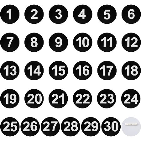 OLYCRAFT 30pcs Plastic Number Tag 49mm Round Number Brooch Black Number Tags with Pins, Label with Number 1-30 Round Number Labels for Backpack Clothes Contestant Sports Events
