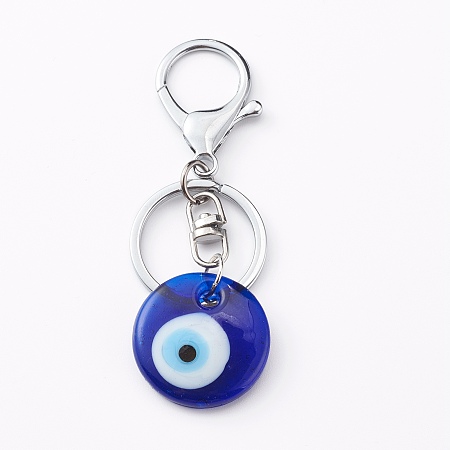 Honeyhandy Handmade Lampwork Evil Eye Keychain, with Alloy Split Key Rings, Flat Round, Blue, Platinum, 8.7cm