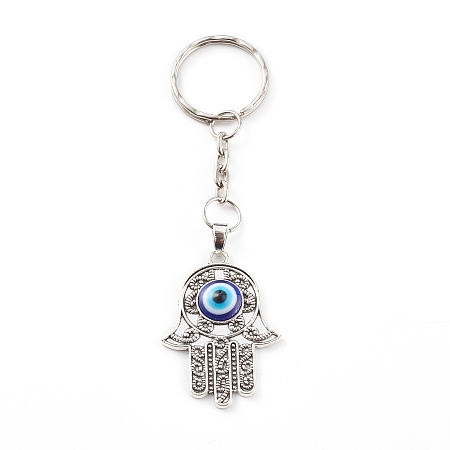 Honeyhandy Alloy Enamel Keychain, with Iron Split Key Rings, Hamsa Hand with Evil Eye, Blue, Antique Silver, 10.1cm