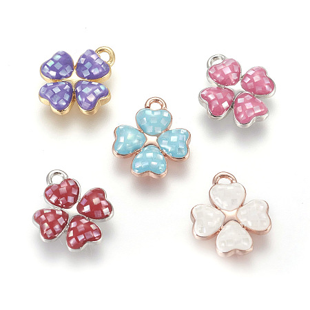 Brass Enamel Charms, with Freshwater Shell, Four Leaf Clover, Mixed Color, 14.5x12x3mm, Hole: 1.4mm