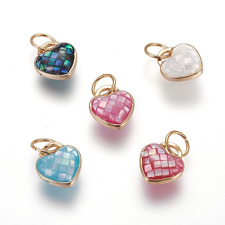 Brass Enamel Charms, with Freshwater Shell, Heart, Golden, Mixed Color, 11.5x10x5.3mm, Hole: 6x0.7mm