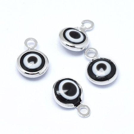 Handmade Evil Eye Lampwork Charms, with Brass Findings, Flat Round, Black, Real Platinum Plated, 10x6.5x3mm, Hole: 1.5mm