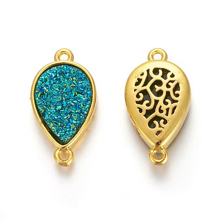 Brass Links connectors, with Druzy Resin, Golden Plated Color, teardrop, Dark Cyan, 19x10.5x5.5mm, Hole: 1.2mm