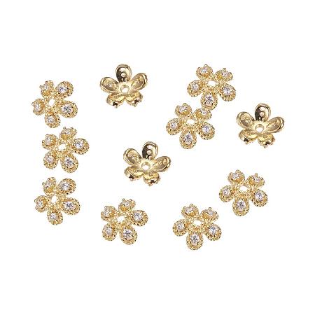 ARRICRAFT About 5pcs Brass Beads Caps, with Cubic Zirconia for Bracelet Necklace Earrings Jewelry Making Crafts, Flower, 5-Petal, Real Gold Plated, 8.5x3mm, Hole: 1mm