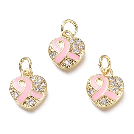 Honeyhandy Brass Micro Pave Clear Cubic Zirconia Pendants, with Jump Rings, Heart, Real 18K Gold Plated, Pearl Pink, 11.5x10x2.5mm, Hole: 3.5mm