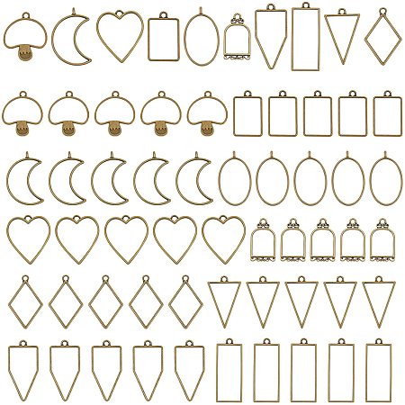 PandaHall Elite Hollow Frame Pendants, 60pcs 10 Styles Alloy Rectangle/Moon/Heart/Mushroom Resin Craft Bezels Open Bezels Jewelry Molds for DIY UV Epoxy Resin Casting Craft Jewelry Making, Antique Bronze