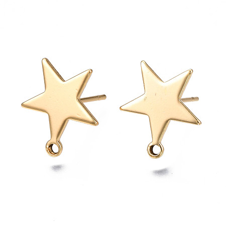 Honeyhandy Brass Stud Earring Findings, with Loop and Flat Plate, Star, Nickel Free, Real 18K Gold Plated, 14x13mm, Hole: 1mm, Pin: 0.6mm