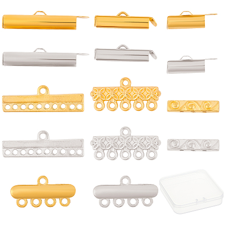 SUNNYCLUE 84 Pcs 14 Styles Brass Slide On End Clasp Tubes,  Slider End Caps, Mixed Color, 6pcs/style